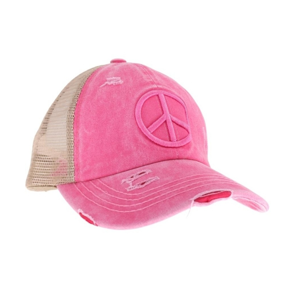 162-I&701-L Distressed Embroidered Peace Sign Criss Cross High Pony Ball Cap Hat